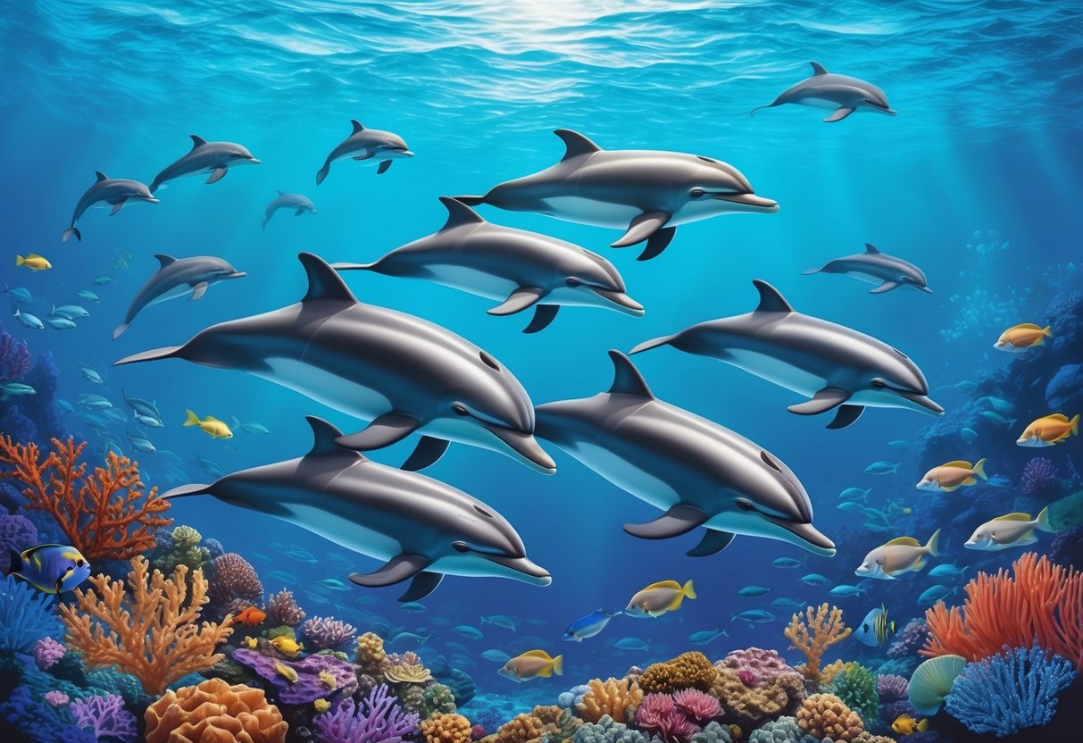 A pod of dolphins swimming in a vast, crystal-clear ocean, surrounded by lush coral reefs and vibrant marine life