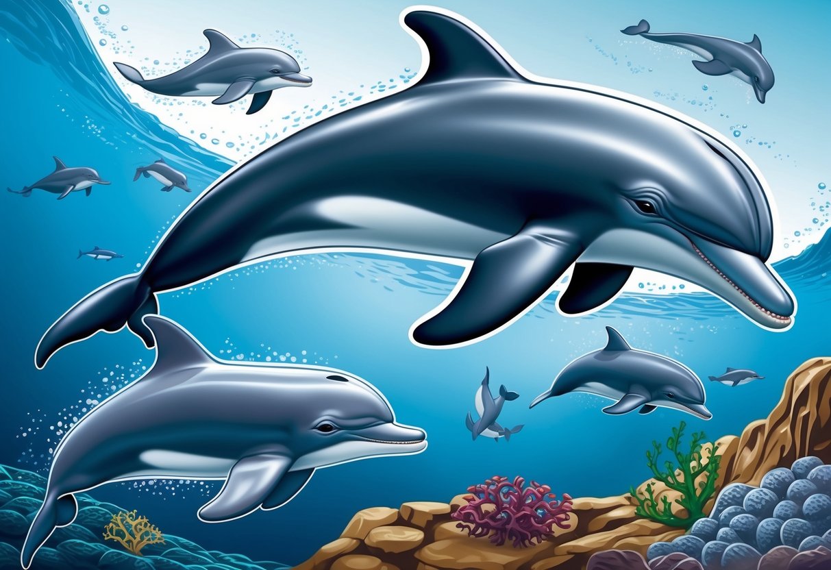 A dolphin swimming with its calf, illustrating the lifecycle and reproduction of the species