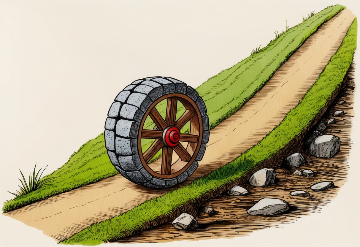 A stone wheel rolling down a sloped path, showing scientific and mechanical principles