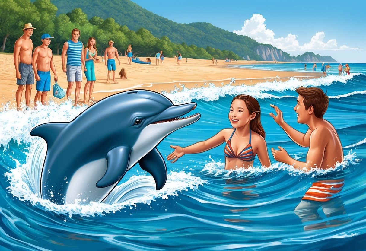 A dolphin-sized creature interacts with people at a beach, playing in the waves and receiving attention from onlookers