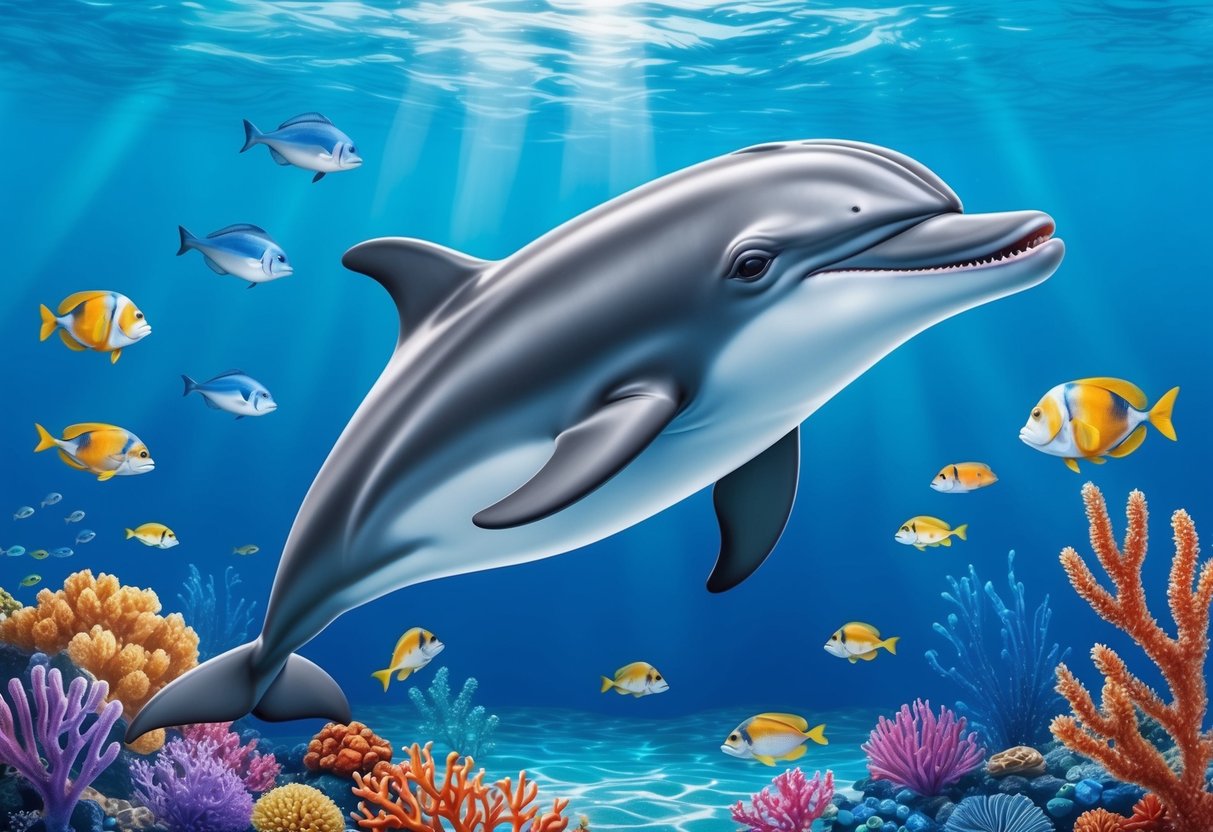 A dolphin swimming in crystal-clear water, surrounded by colorful fish and coral, with a playful and intelligent expression on its face