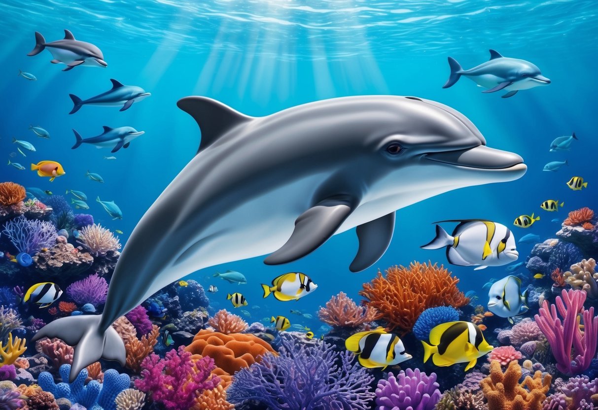 A dolphin swimming gracefully through a vibrant coral reef, surrounded by a variety of marine life