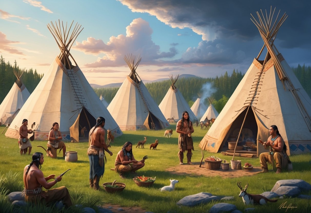 A Native American village with teepees and people engaging in traditional activities such as hunting, crafting, and cooking