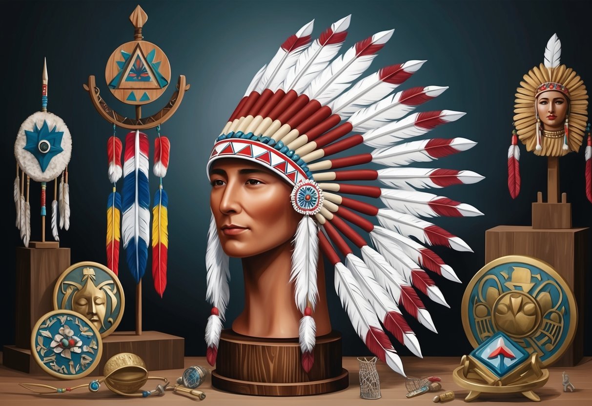 A traditional white Native American headdress displayed on a wooden stand surrounded by symbolic artifacts