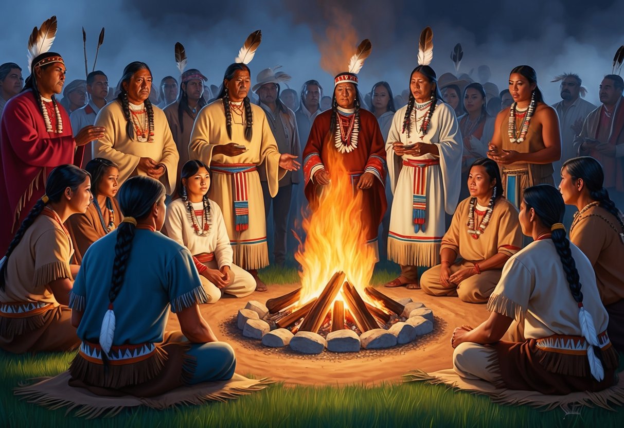 A group of Native American people gather around a ceremonial fire, wearing traditional clothing and participating in a cultural ritual