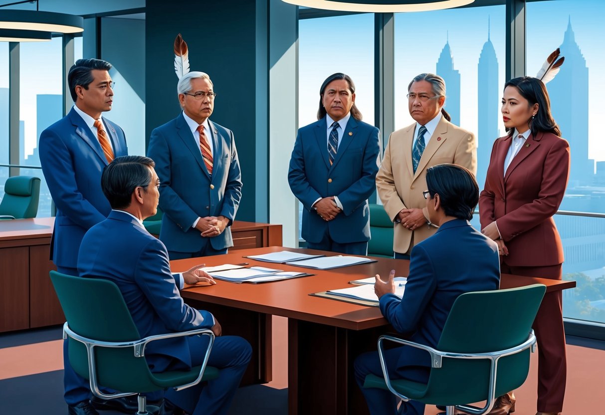 A group of white native American government officials discussing legal affairs in a modern office setting