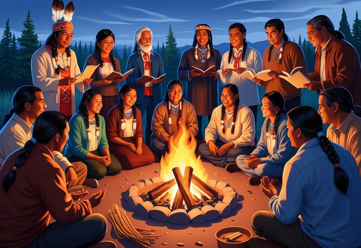 A group of Native American and white individuals gather around a communal fire, sharing stories and traditions in a modern community setting