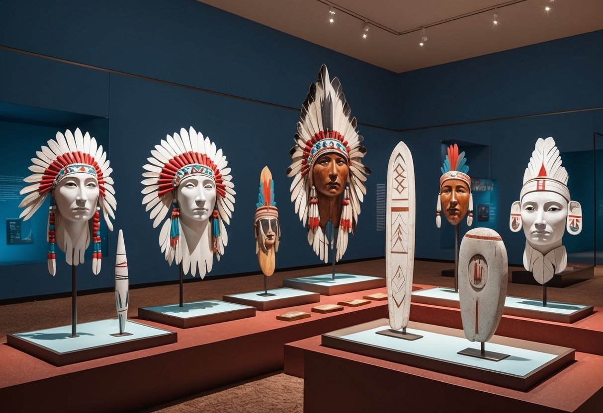 A group of white Native American artifacts displayed in a museum