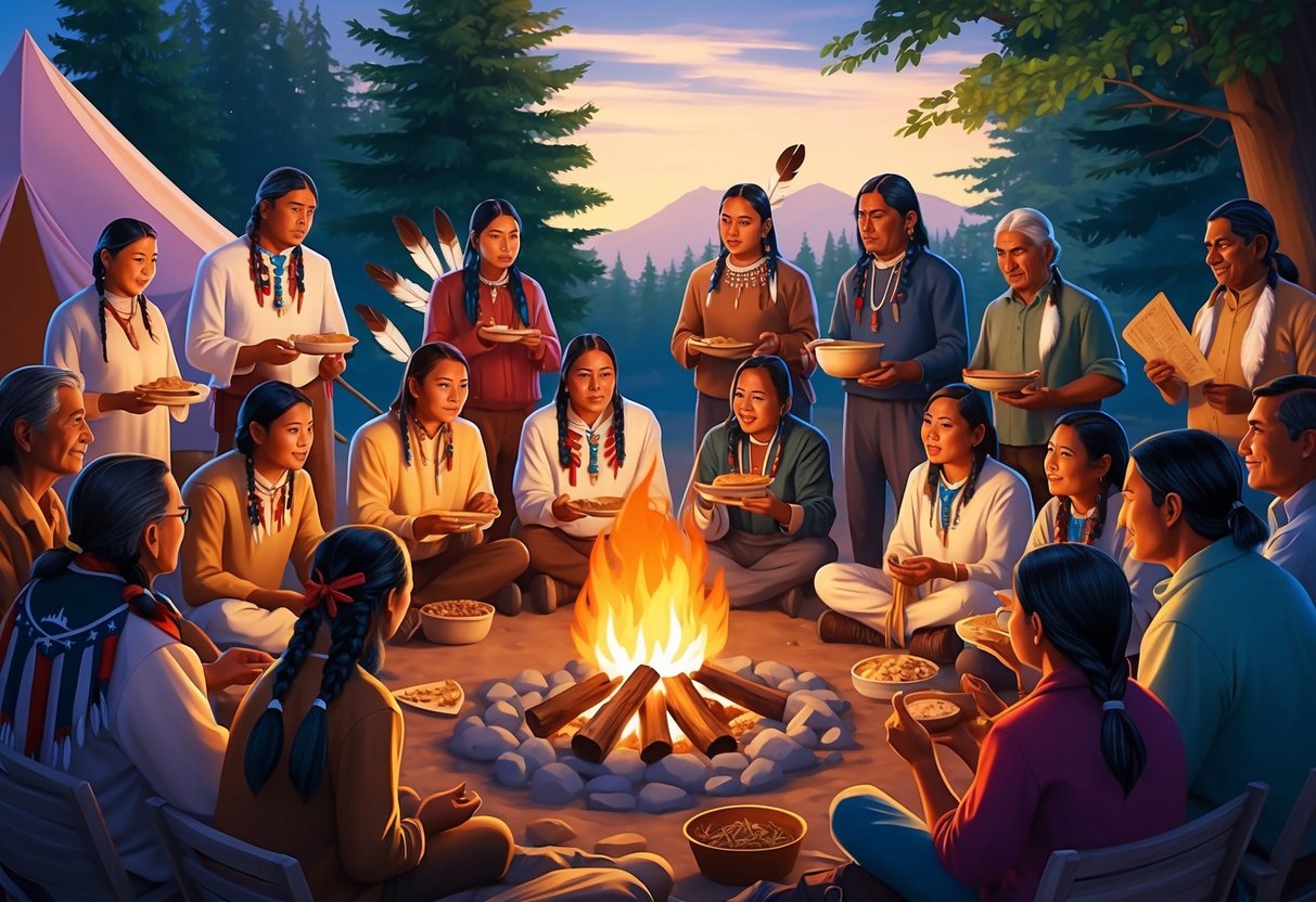 A group of white Native Americans and members of other communities gather around a campfire, sharing stories and food