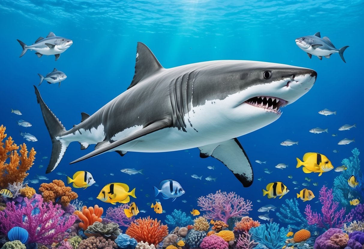 A great white shark swims through a colorful coral reef, surrounded by smaller fish and marine life