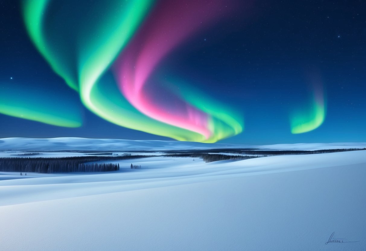 A snowy landscape with a clear night sky, showing the green and pink hues of the southern lights dancing across the horizon