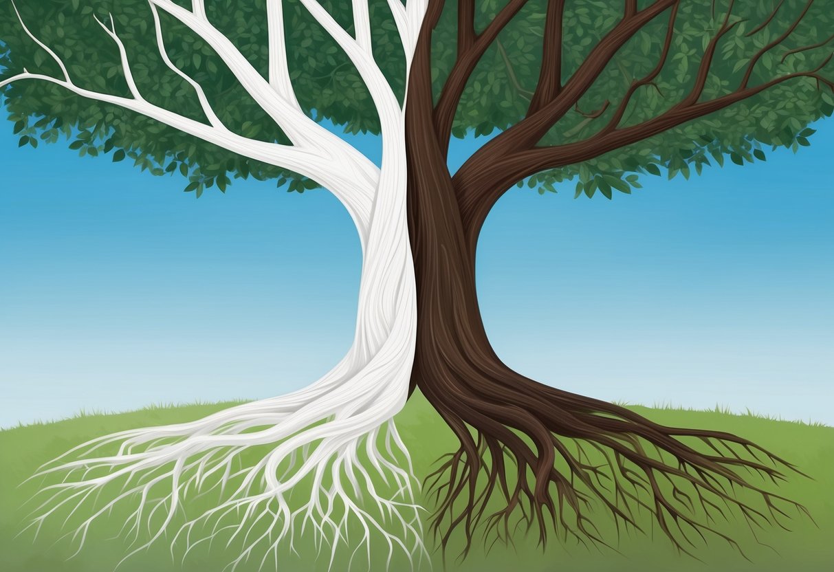 A tree with intertwined roots, one side with white bark and the other with dark brown bark, symbolizing the genetic and ancestral blend of white Native Americans