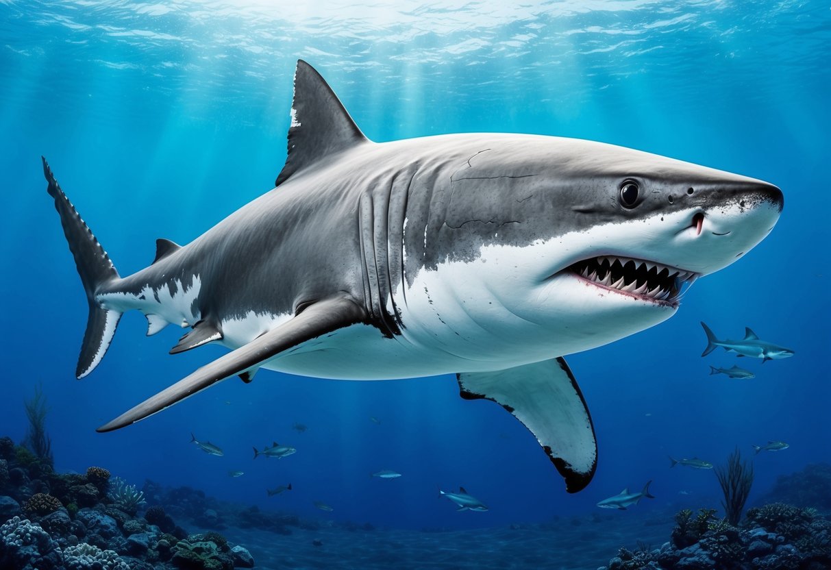 A great white shark patrols the ocean depths, its powerful form dominating the underwater landscape