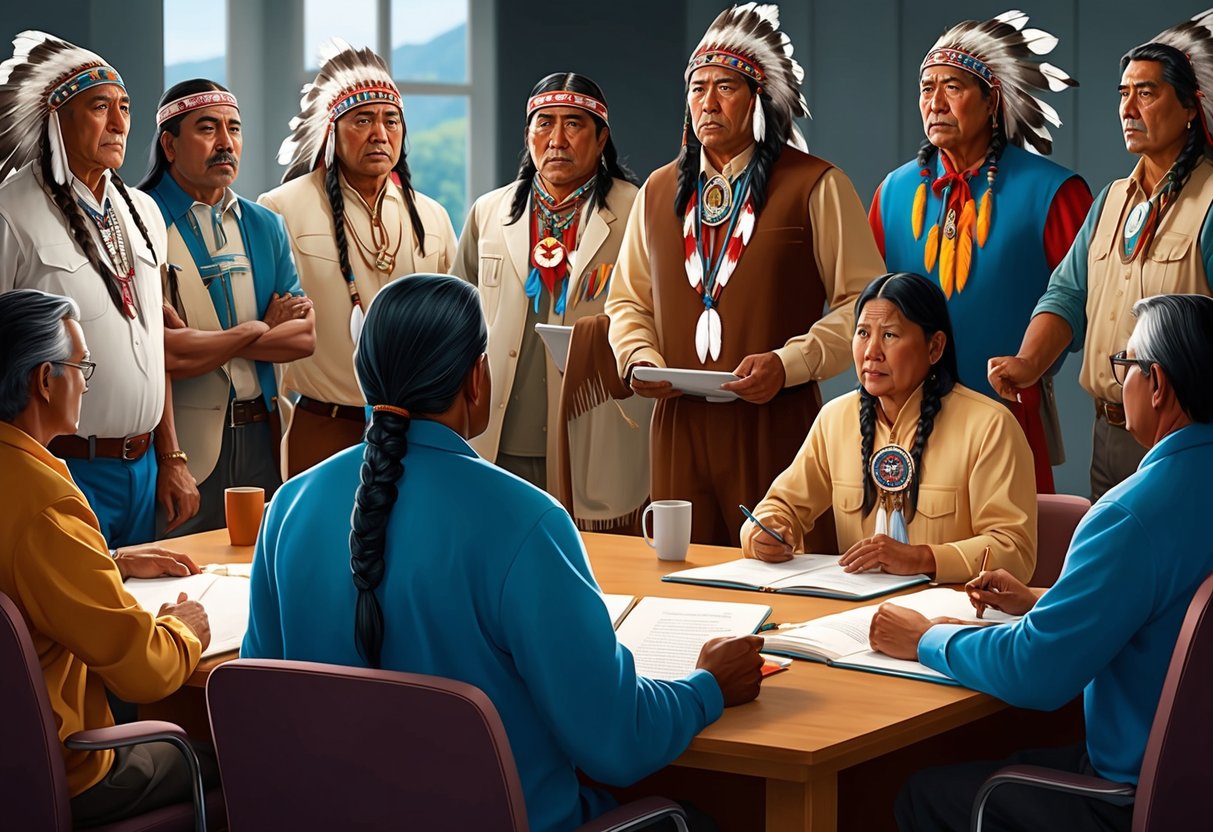 A group of white Native American figures engage in case studies and discussions