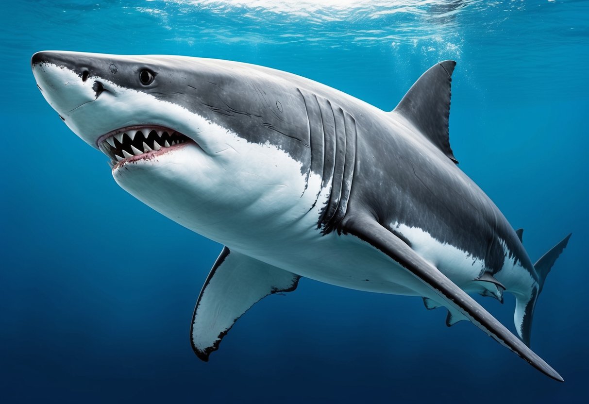 A massive great white shark patrols the depths, its sleek form gliding effortlessly through the water