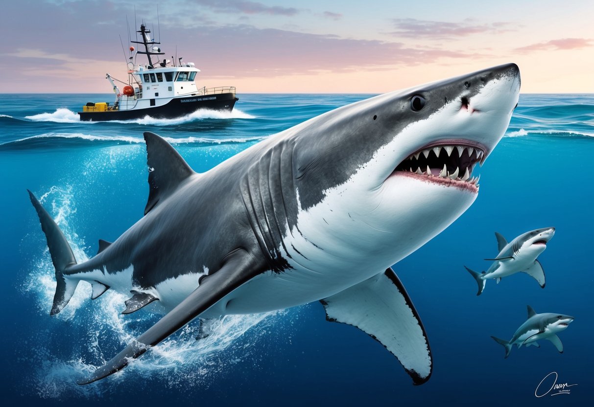 A massive great white shark swimming near a research vessel, showcasing conservation efforts