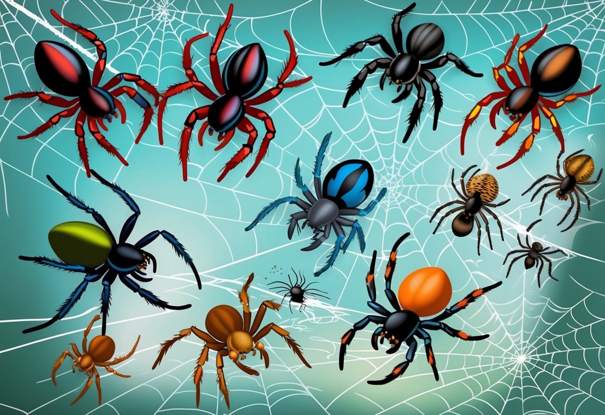 A variety of spiders of different sizes and colors crawling on a web-covered surface, with some spinning silk and others catching prey