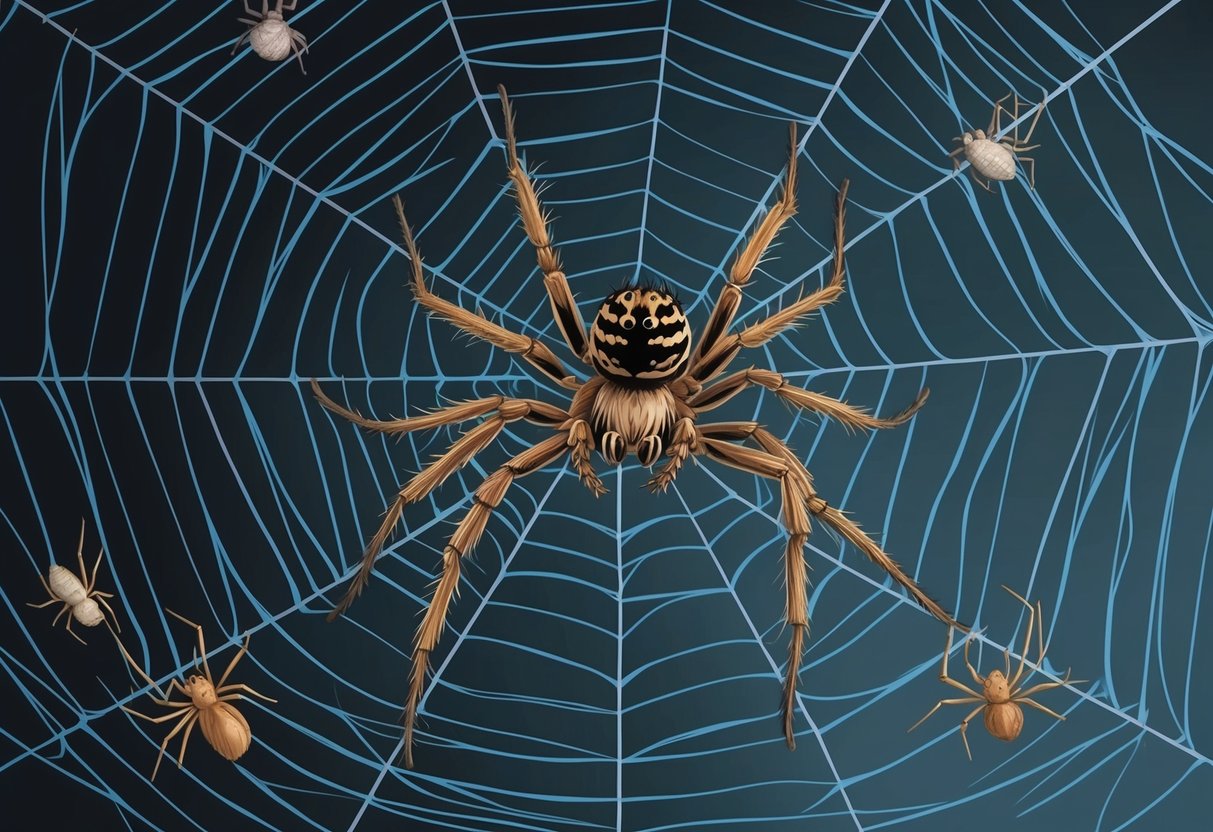 A spider weaving a web in a dark corner, surrounded by prey caught in its silk