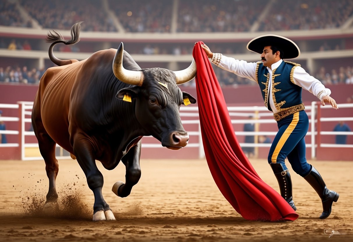 A bull charges at a red muleta held by a matador in a bullfighting arena.</p><p>The bull's eyes fixate on the red fabric as it prepares to attack