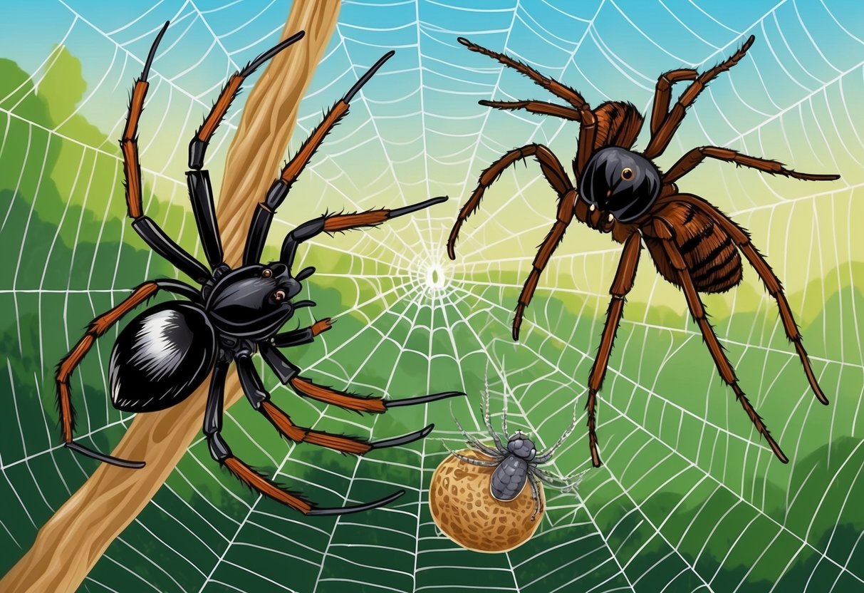 A spider catches a prey in its web, while another spider defends itself from a predator