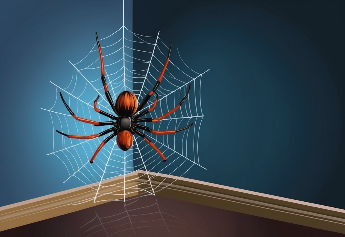 A spider spinning a web in a corner of a dimly lit room