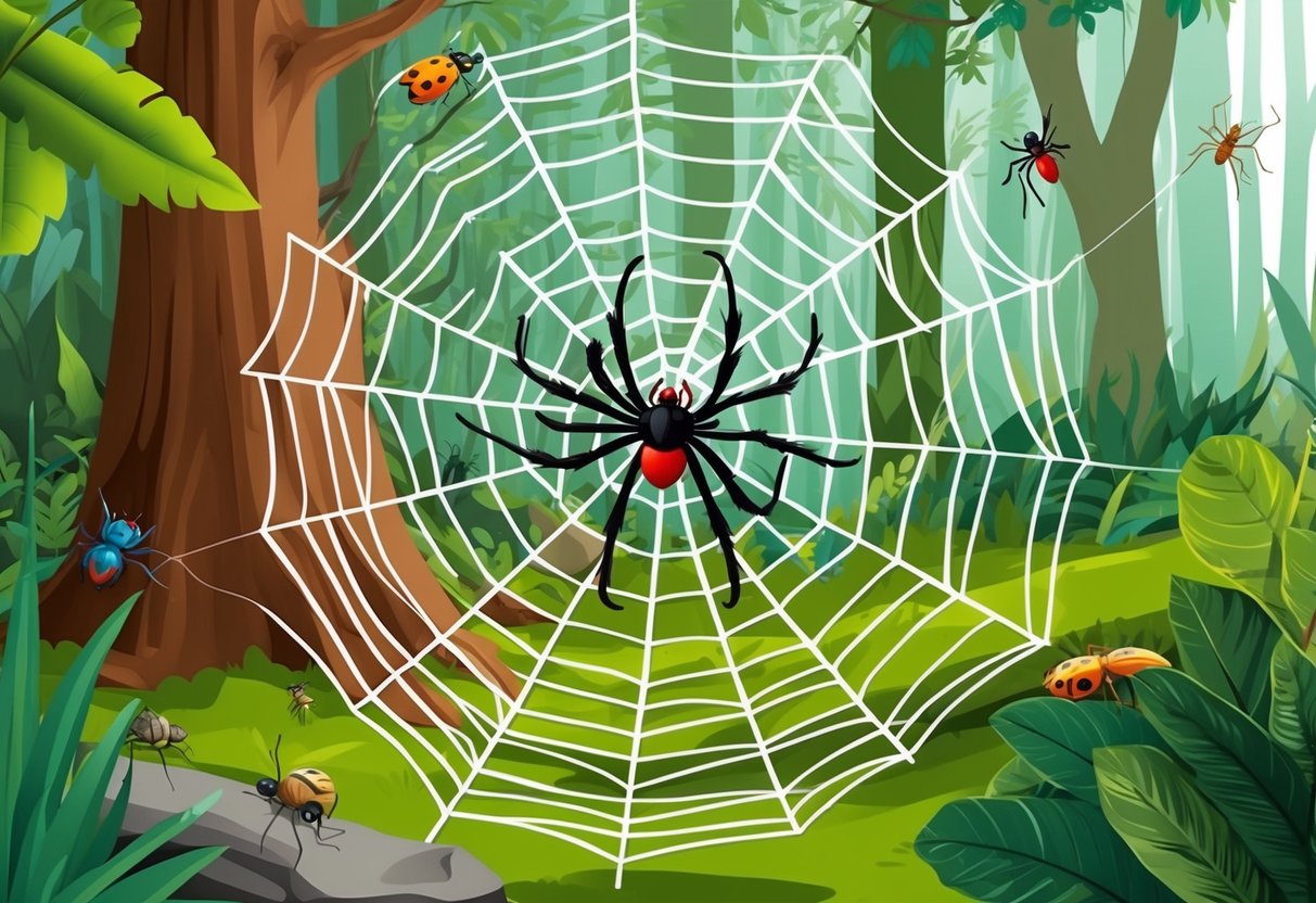 A spider weaving a web in a lush forest, surrounded by various insects and plants