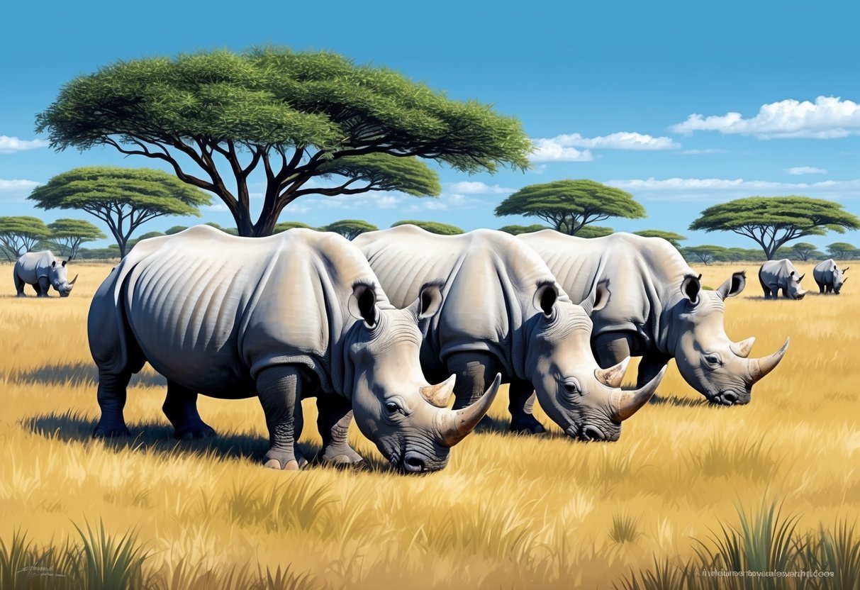 A group of white rhinos grazing on the grassy savannah, with acacia trees in the background and a clear blue sky overhead