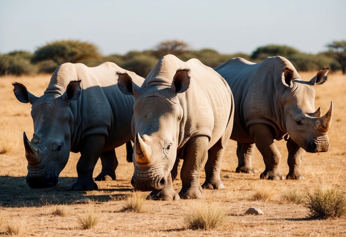 A group of white rhinos with thick, wrinkled skin grazing on dry savannah grassland