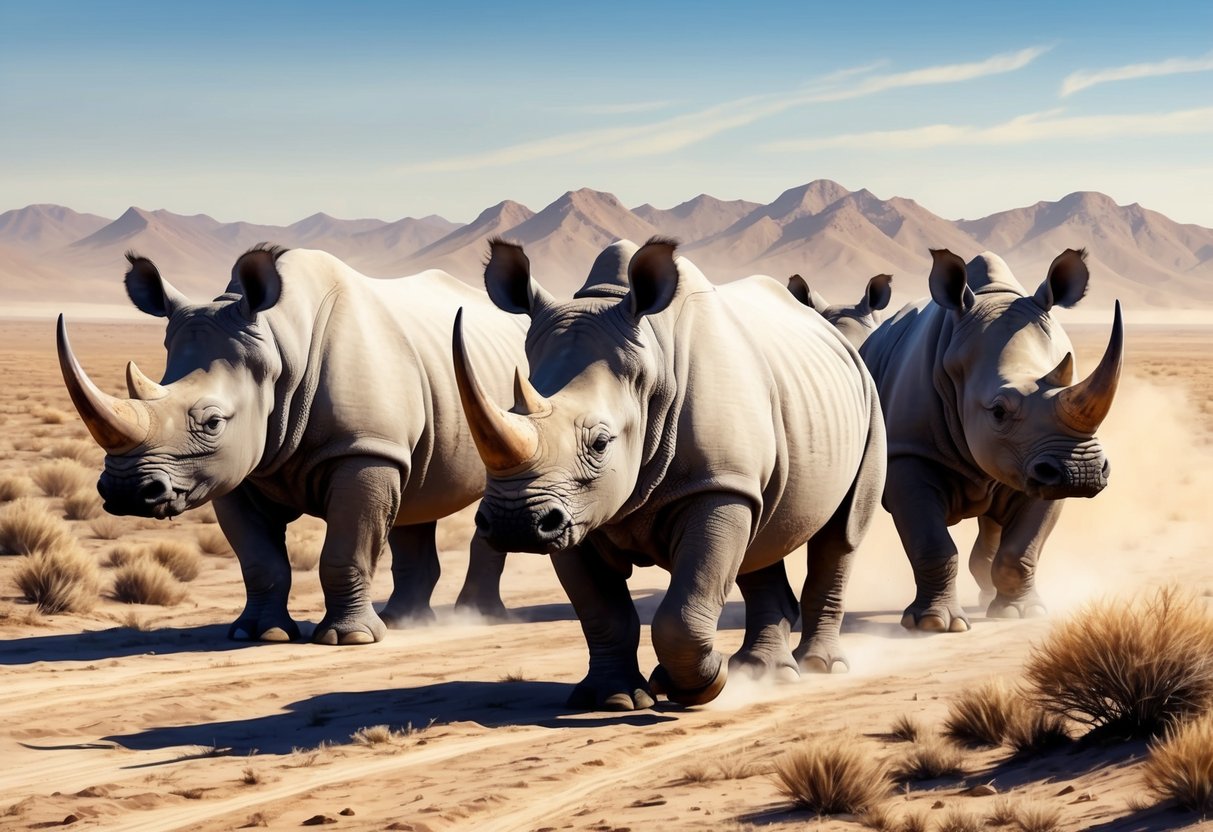 A group of white rhinos trek through a dry, harsh landscape, their sturdy bodies a testament to their resilience