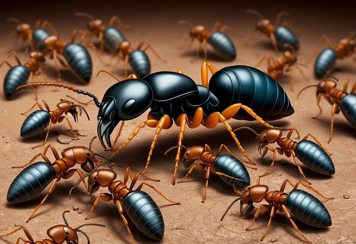 A termite queen surrounded by worker termites tending to her and carrying out their various duties within the colony