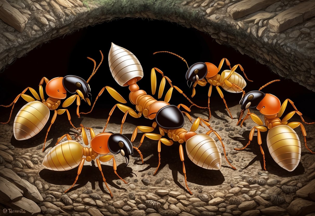 The termite queen surrounded by other members of the colony, all tending to her and working together in their underground nest