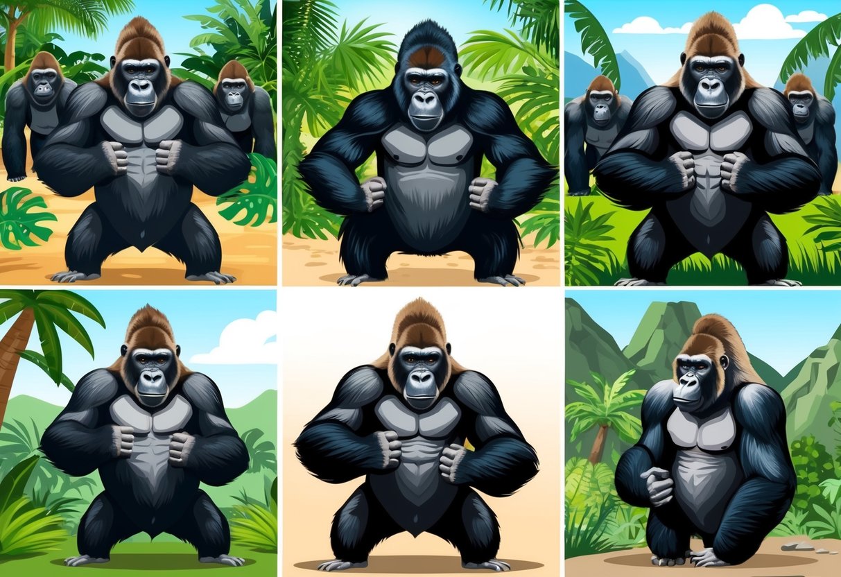 Gorillas in various habitats beat their chests, displaying dominance and strength.</p><p>The scene could depict a group of gorillas in the wild, with one individual pounding its chest