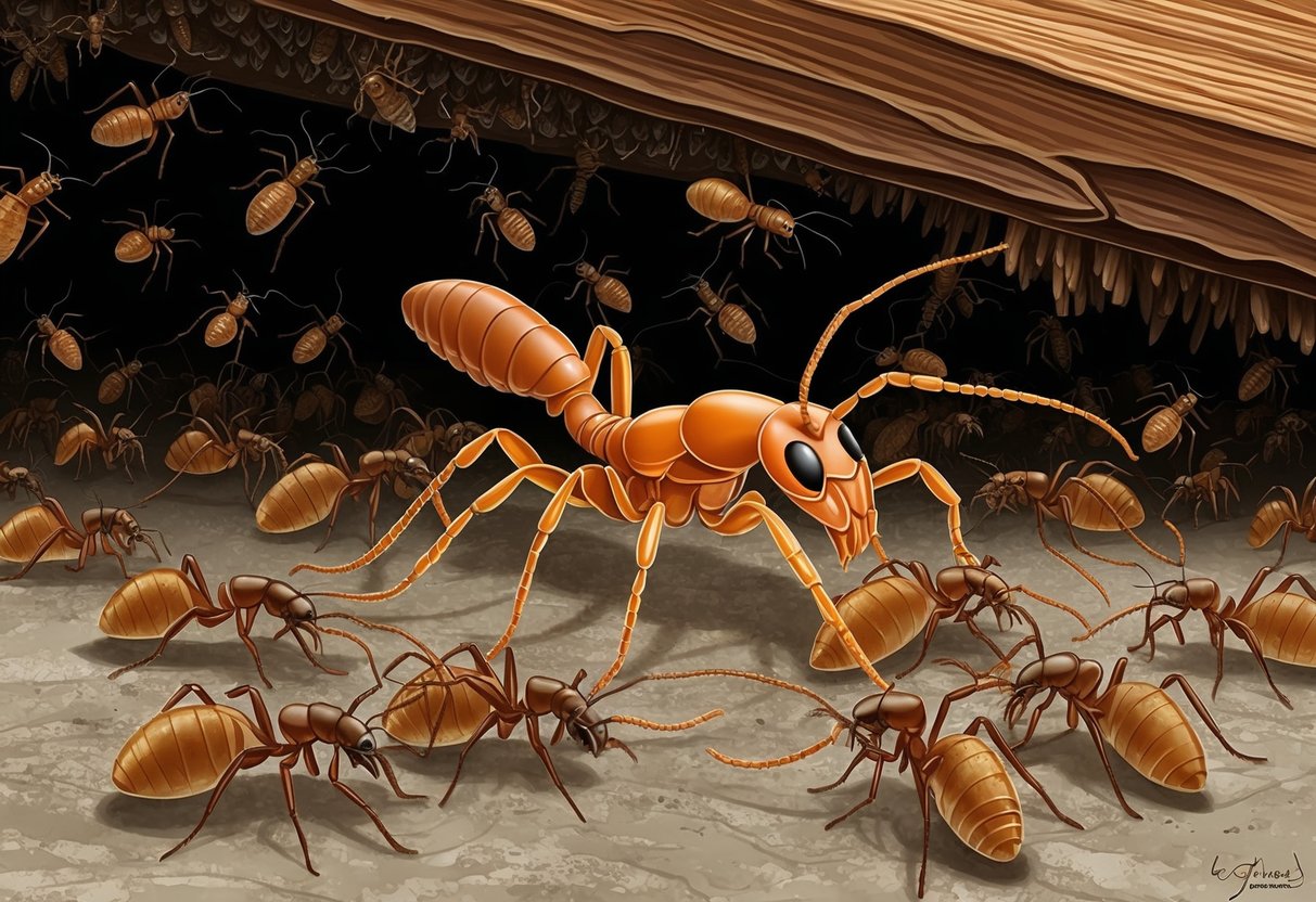 A termite queen surrounded by her workers in a massive underground colony, causing structural damage to a human-built structure