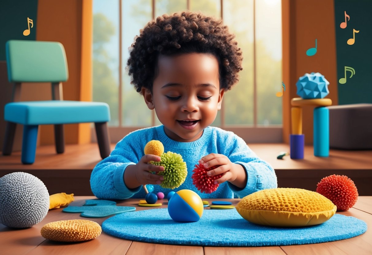 A child engaged in sensory play with textured objects, calming music playing in the background