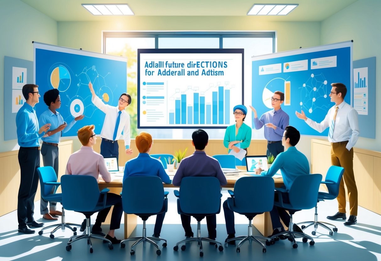 A group of researchers brainstorming in a brightly lit conference room, surrounded by charts and graphs, while discussing the potential future directions for adderall and autism