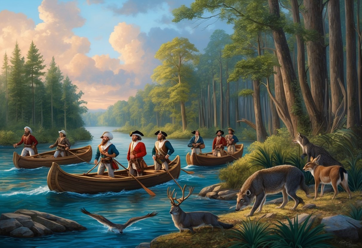 A group of explorers and traders venture into the newly acquired Louisiana Territory, navigating through dense forests and encountering indigenous wildlife