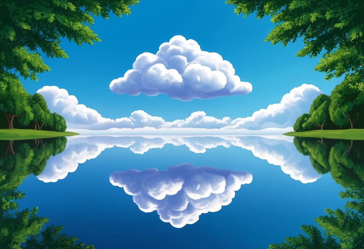 A clear blue sky with white fluffy clouds, surrounded by green trees and a calm body of water reflecting the sky