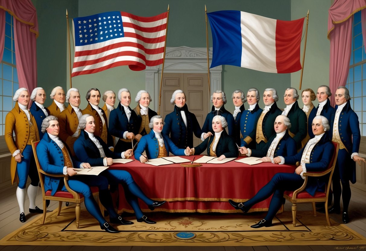 The Louisiana Purchase treaty being signed by representatives from the United States and France, with the American flag and French flag displayed prominently