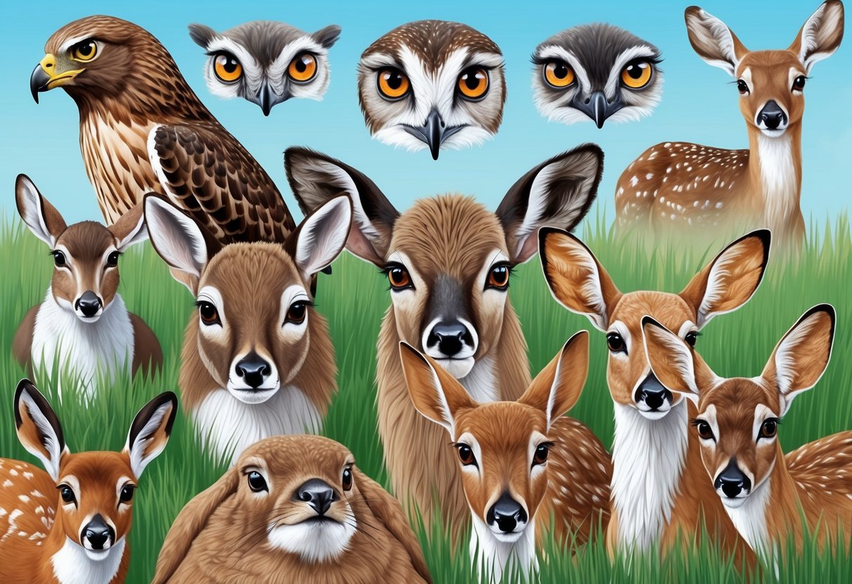 A menagerie of animals, each with unique eyes: from the piercing gaze of a hawk to the gentle, doe-like eyes of a deer