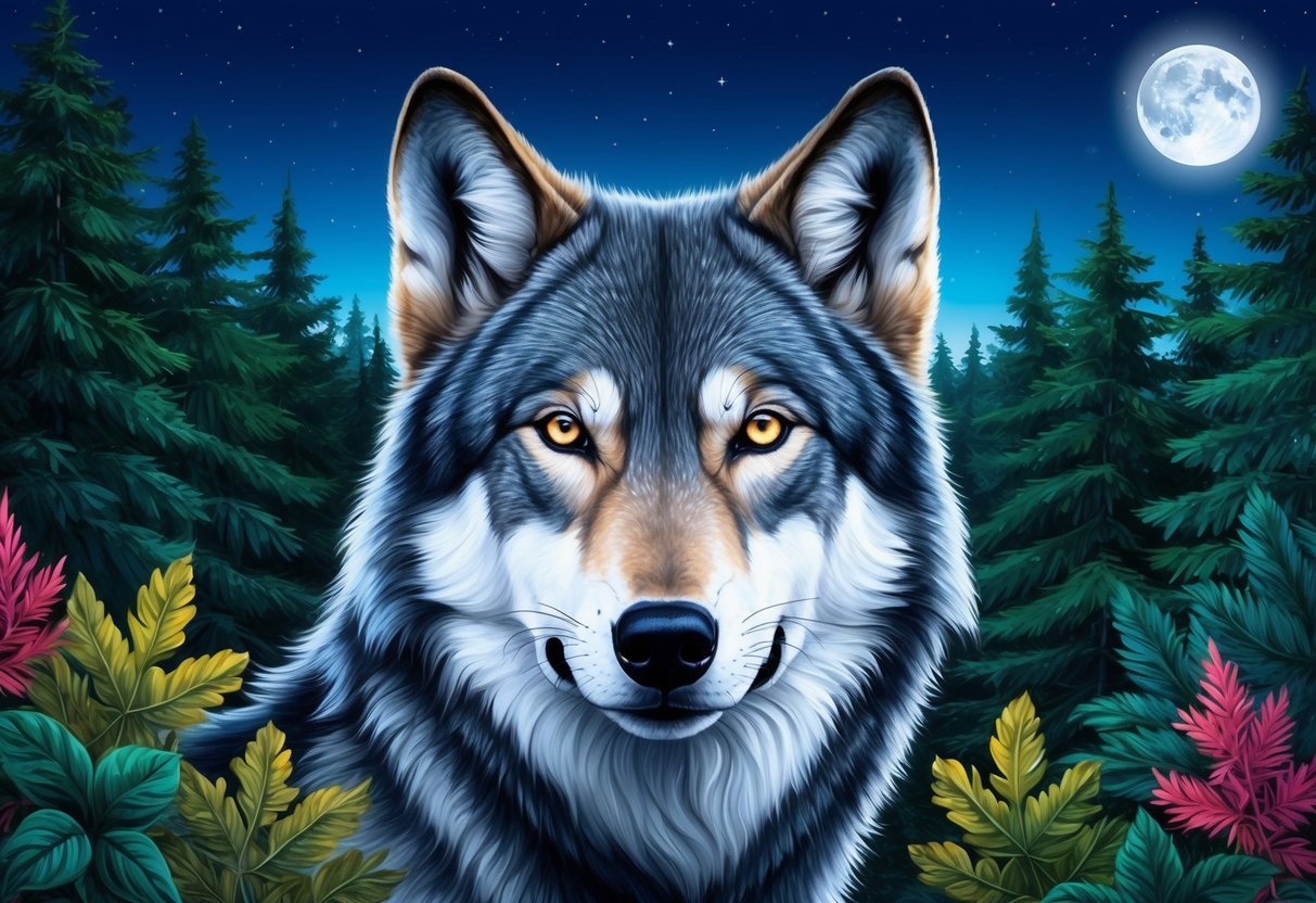 A wolf's eyes glowing in the moonlight, surrounded by a dense forest with vibrant foliage and a clear starry sky above