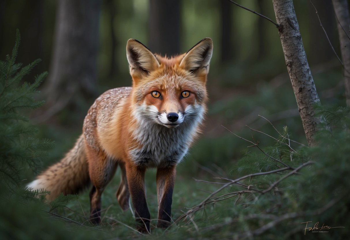 A fox peers through the dense underbrush, its amber eyes scanning for prey in the dim forest light