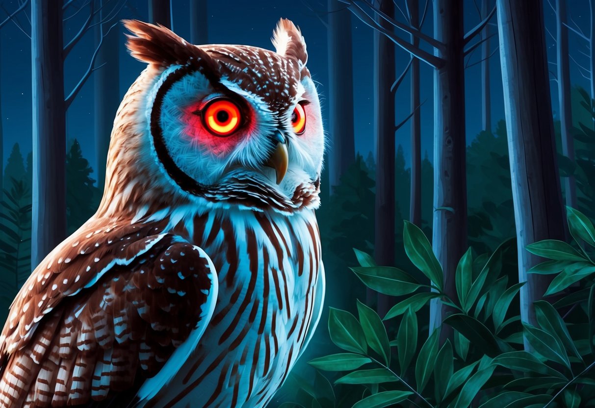 A robotic owl with glowing red eyes scans a forest at night, mimicking the enhanced vision of nocturnal animals