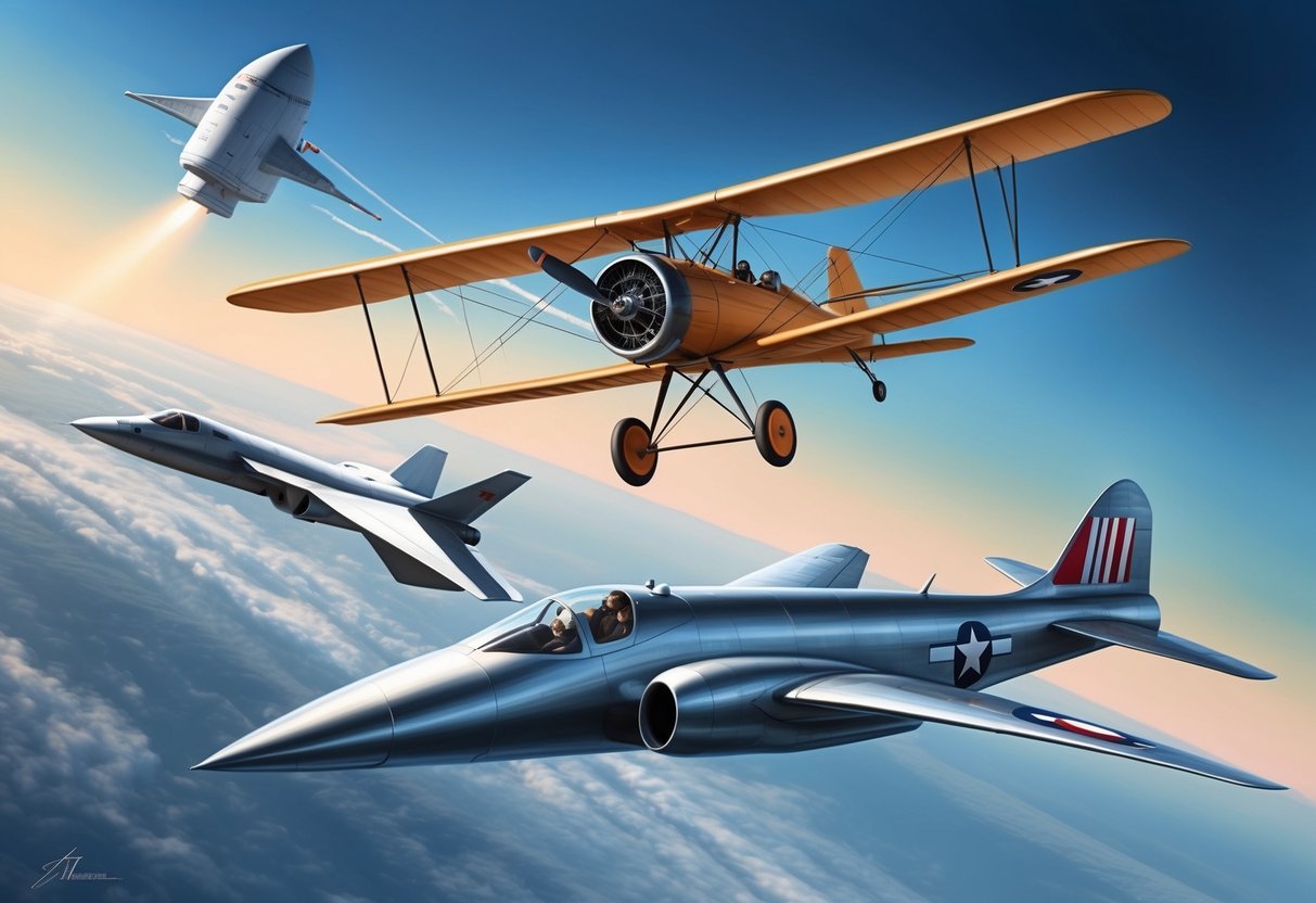 A vintage biplane soaring over a modern jet, with a futuristic spacecraft in the background