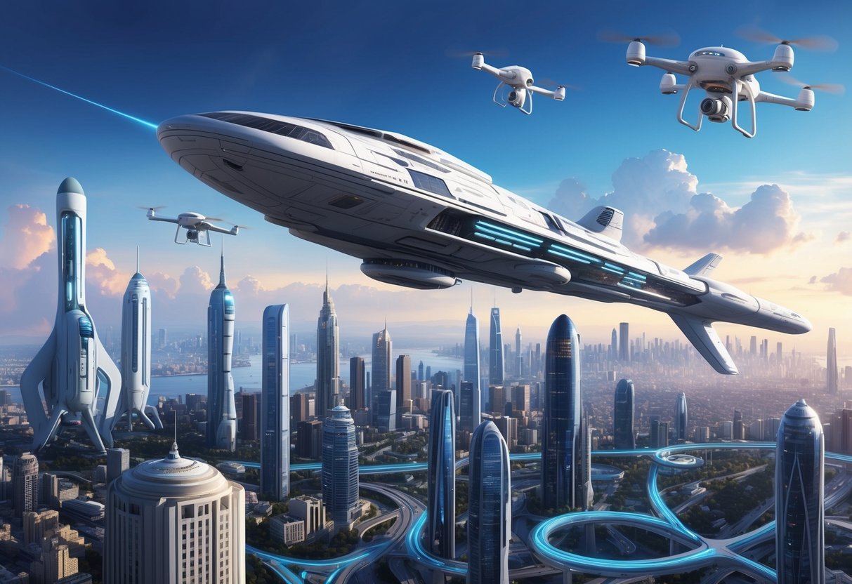 A futuristic spacecraft hovers over a bustling city, while sleek drones zip through the air.</p><p>The skyline is filled with towering skyscrapers and advanced transportation systems