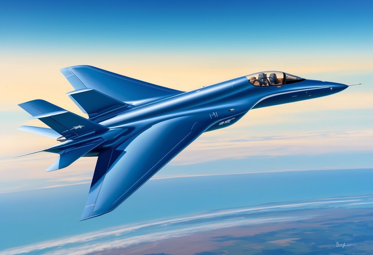 A sleek, modern aircraft soaring through a clear blue sky, with the Earth's horizon visible in the distance