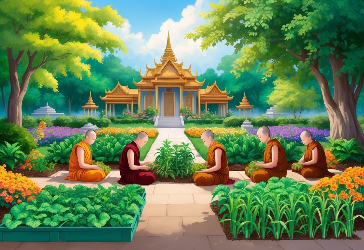 A serene temple garden with colorful flowers and lush greenery, where a group of Buddhist monks peacefully tend to their vegetarian crops