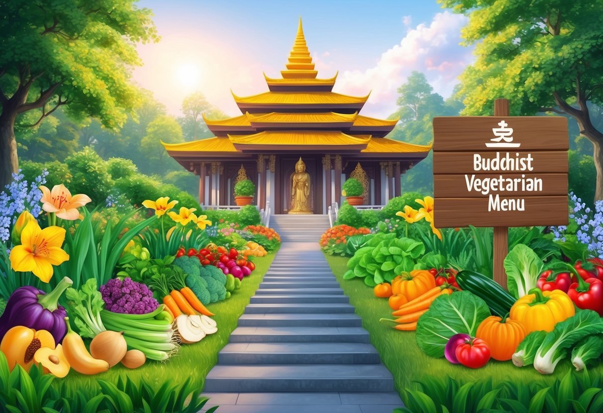 A serene temple garden with colorful flowers and a variety of fresh vegetables and fruits, with a sign indicating "Buddhist Vegetarian Menu" on a wooden board