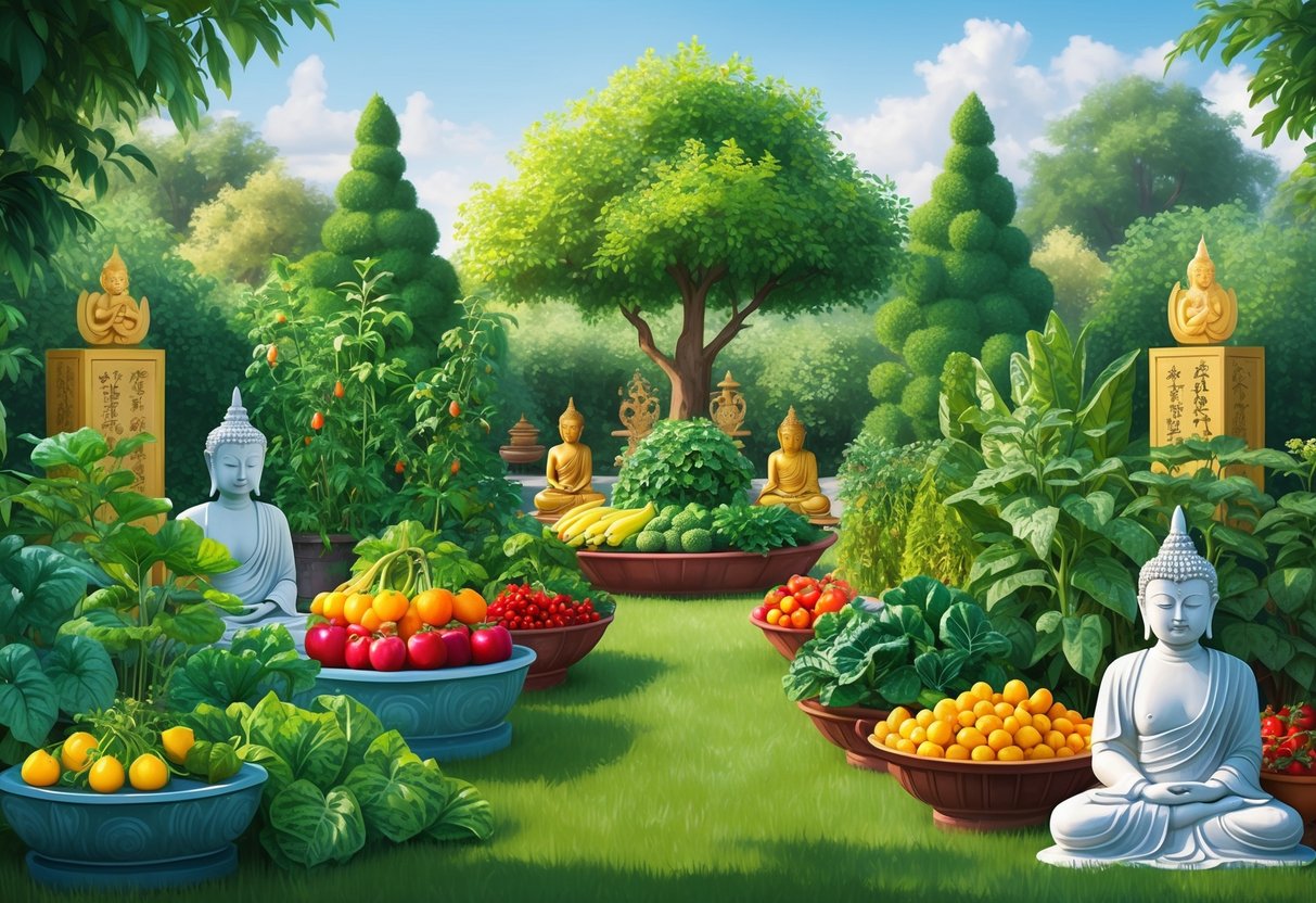 A serene garden with lush greenery and colorful fruits and vegetables growing, surrounded by Buddhist symbols and statues