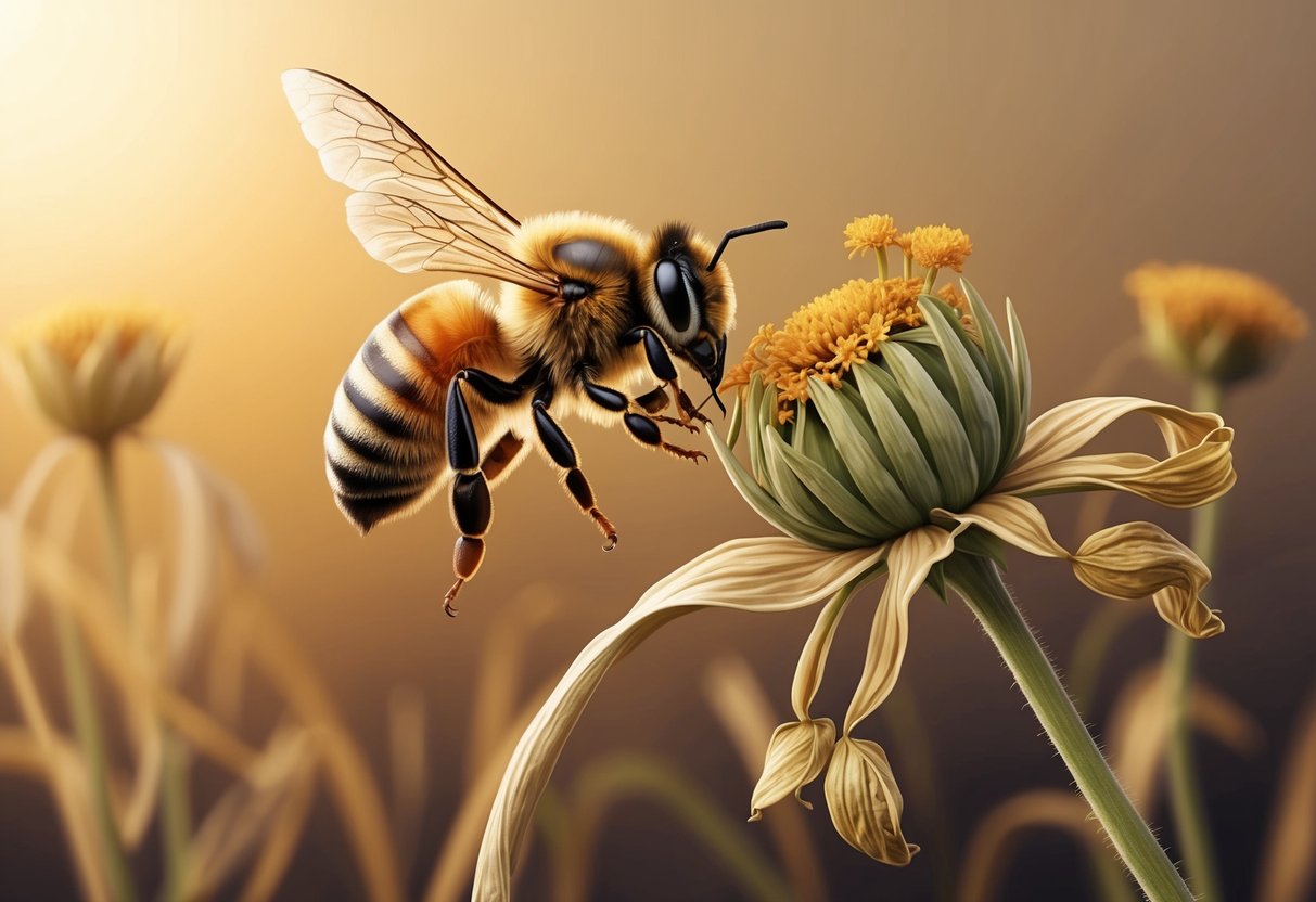 A bee struggles to find nectar in a withered flower, while a wilted plant droops in the heat