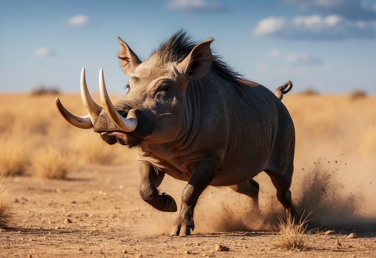 A warthog charges through a dry savanna, its tusks gleaming in the sunlight as it snorts and kicks up dust